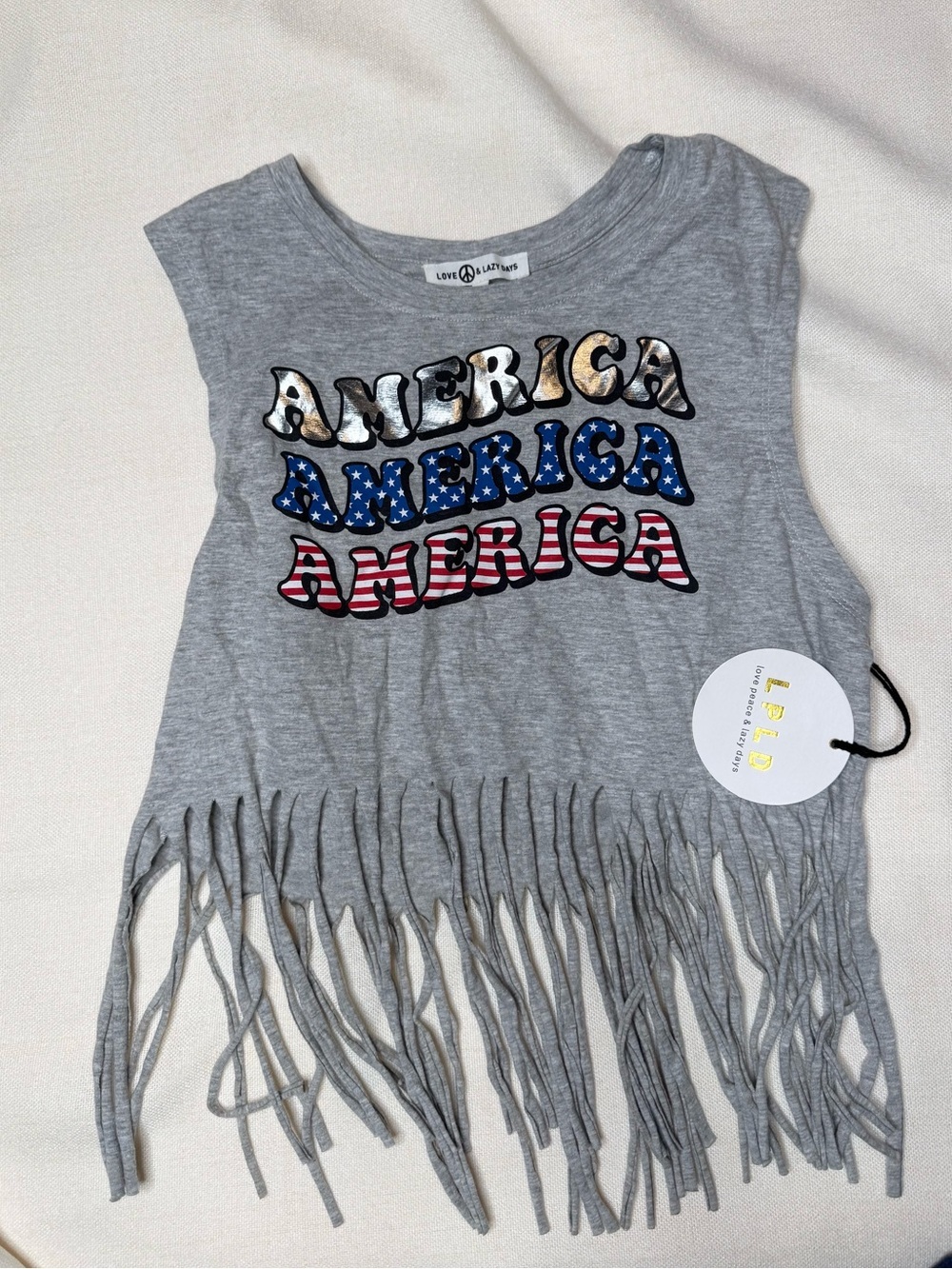 Love Peace & Lazy Days Tank Top Womens Small Gray America Fringe Hem Sleeveless